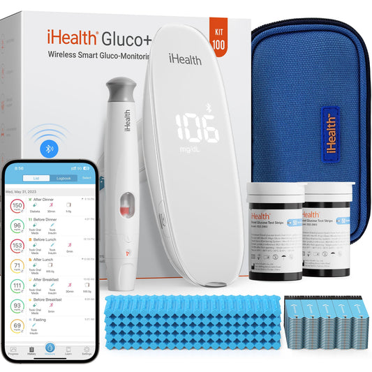 iHealth Gluco+ Wireless Smart Blood Glucose Monitor Kit with Free App, 100 Glucometer Strips, 100 Lancets, 1 Blood Sugar Monitor, 1 Lancing Device, Portable Diabetes Testing Kit for Home Use