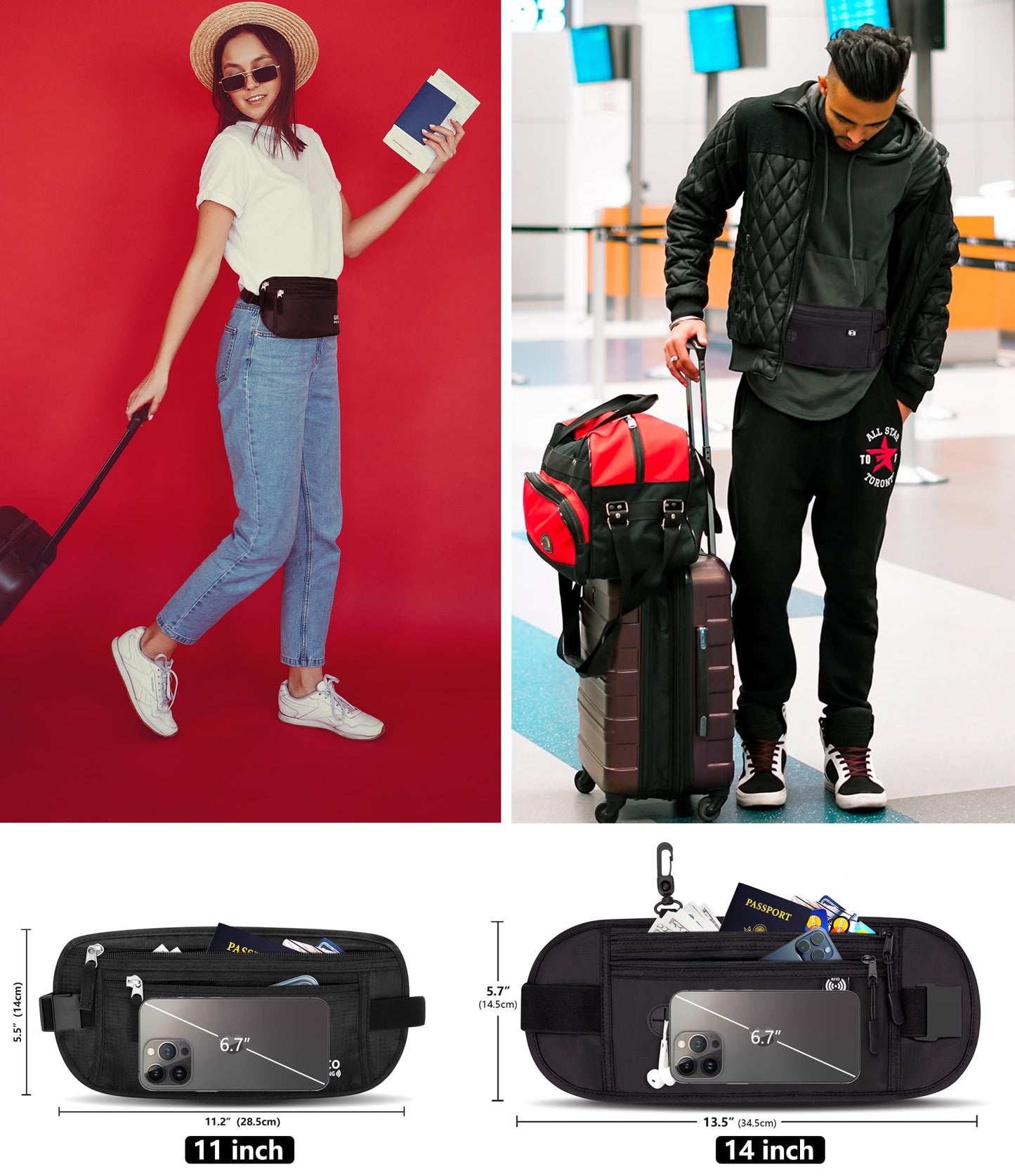 Money Belt for Travel Women Hidden Ginsco Slim RFID Blocking Passport Holder Unisex Travel Money Belt Under Clothes Anti Theft Travel Hidden Wallet for Travelling Workout Running Black 11''