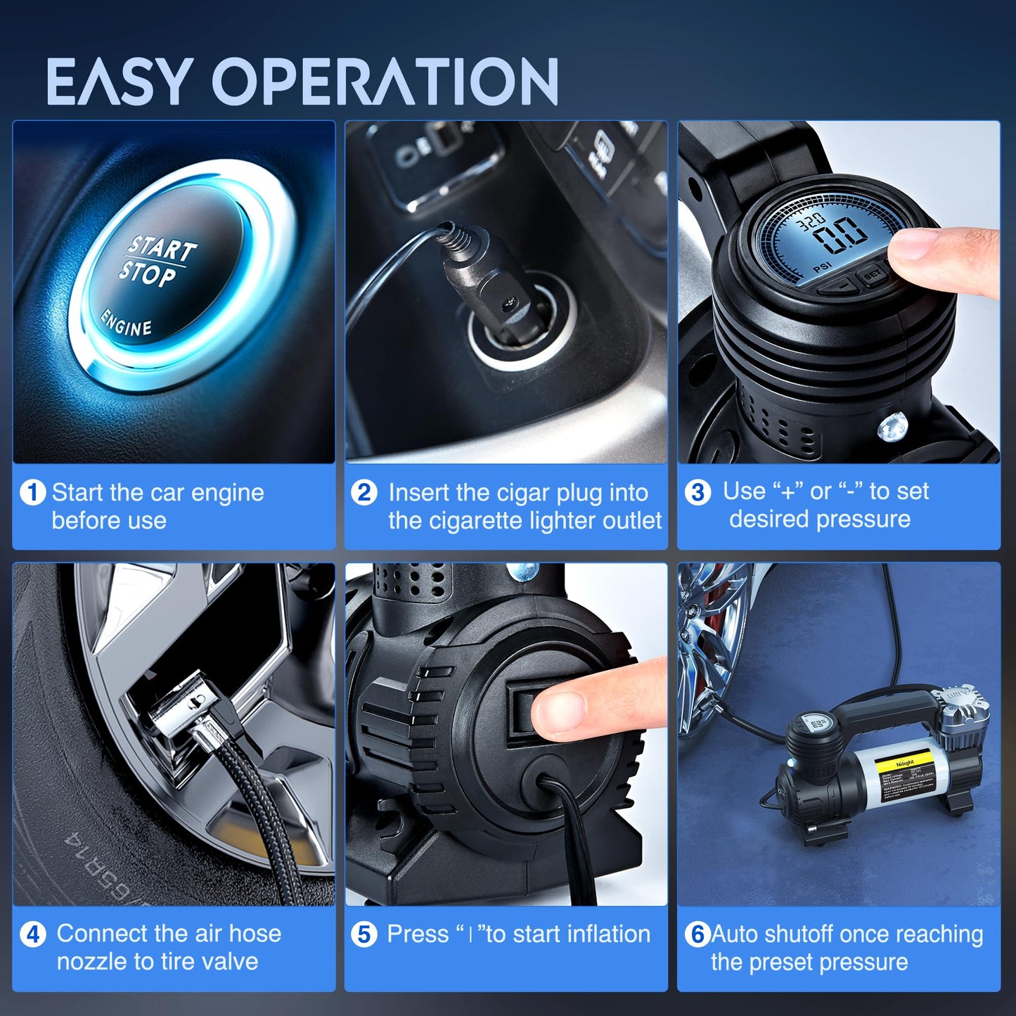 Nilight Portable Air Compressor Tire Inflator 12V Heavy Duty 120PSI Metal Pump Double Cylinder Digital Pressure Fast Inflate Auto Shutoff for Car SUV Motorcycle