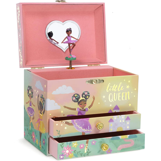 Jewelkeeper Jewelry Box for Girls - 2-Drawer Music Box with Little Queen Ballerina Dancing to Swan Lake, Cute Pink Design, Keepsake Storage for Treasured Accessories - 6.75 x 5.25 x 6 inches