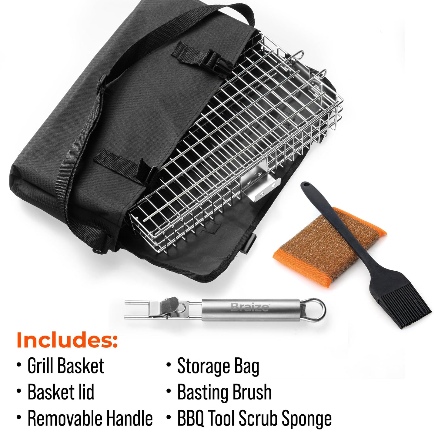 Adjustable Grill Basket w/Removable Handle - 4 Levels of adjustment for endless cooking options - Accessories include basting brush, scrub sponge, & storage bag