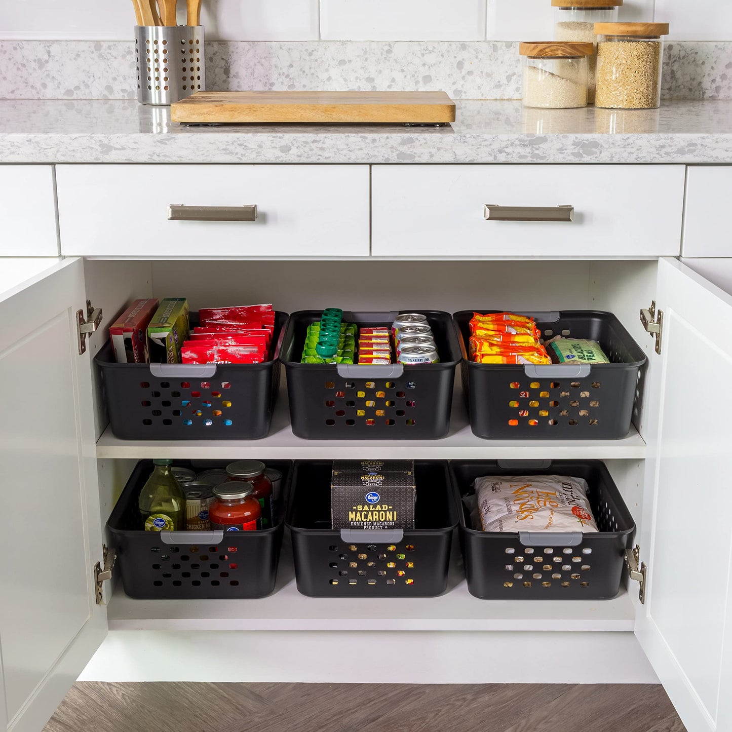 IRIS USA Plastic Basket, 6-Pack, Medium, Shelves Storage Basket for Organizing Pantry, Cabinet, Bedroom, Closet, Laundry Room, Office, Black