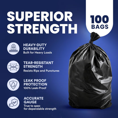 Plasticplace 55-60 Gallon Trash Bags, 1.2 Mil Heavy Duty Contractor Garbage Bags, Black Tear-Resistant Bags for Construction, Yard Waste, Industrial Use, Large 38” x 58” (100 Count)