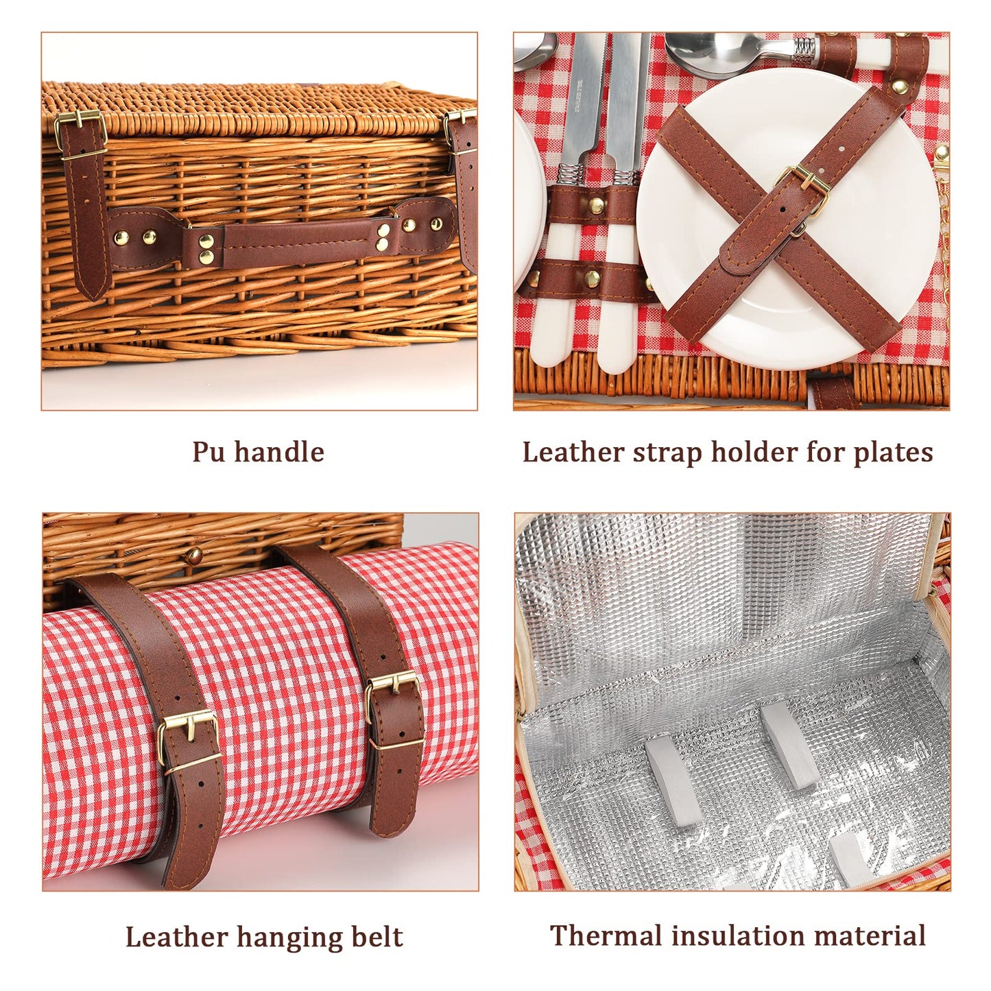 HYBDAMAI Picnic Basket for 4 Persons with Waterproof Picnic Blanket and Insulated Cooler, Large Wicker Picnic Basket for Camping, Outdoors, Valentine's Day, Christmas, Birthday, Wedding Gift