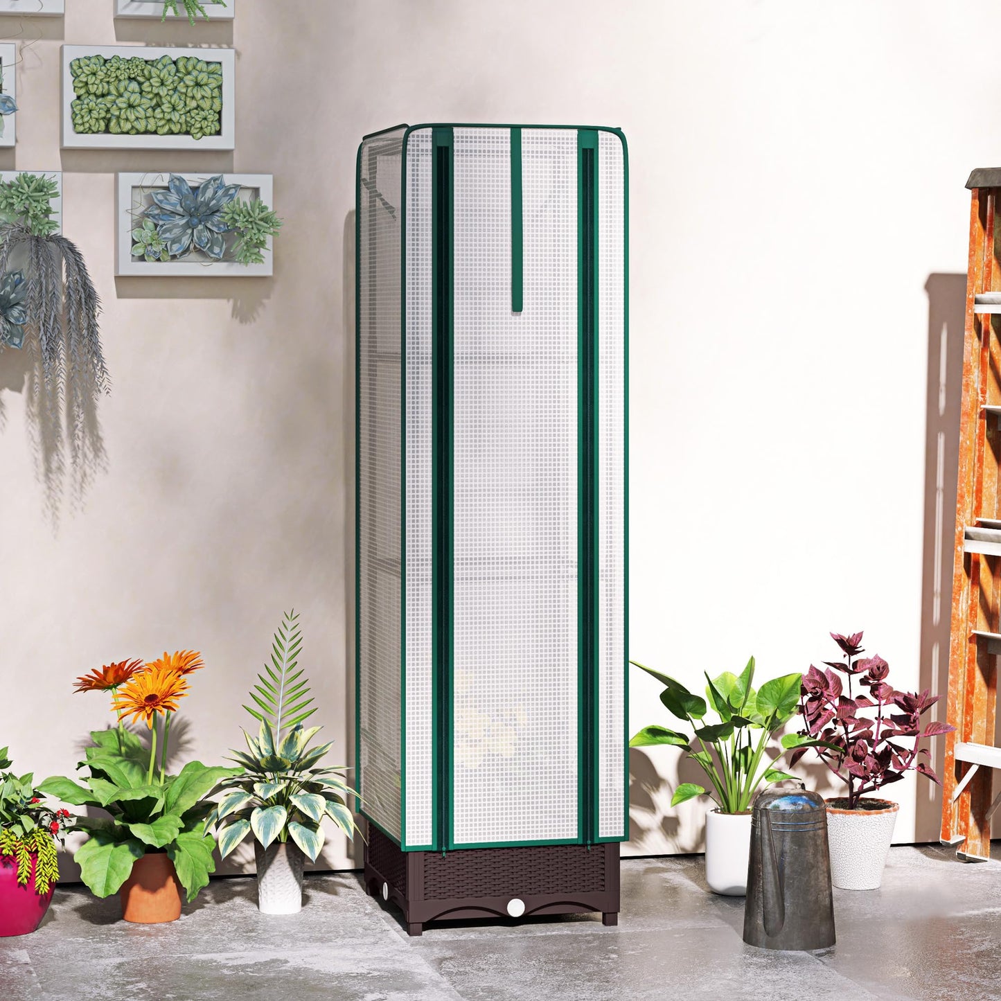 Outsunny Plastic Raised Garden Bed with Trellis, Outdoor Planter Box with PE Greenhouse Cover, Drainage Holes and Zipper Door for Climbing Plants, Herbs and Vegetables, 15.7" x 15.7" x 48.8", Brown