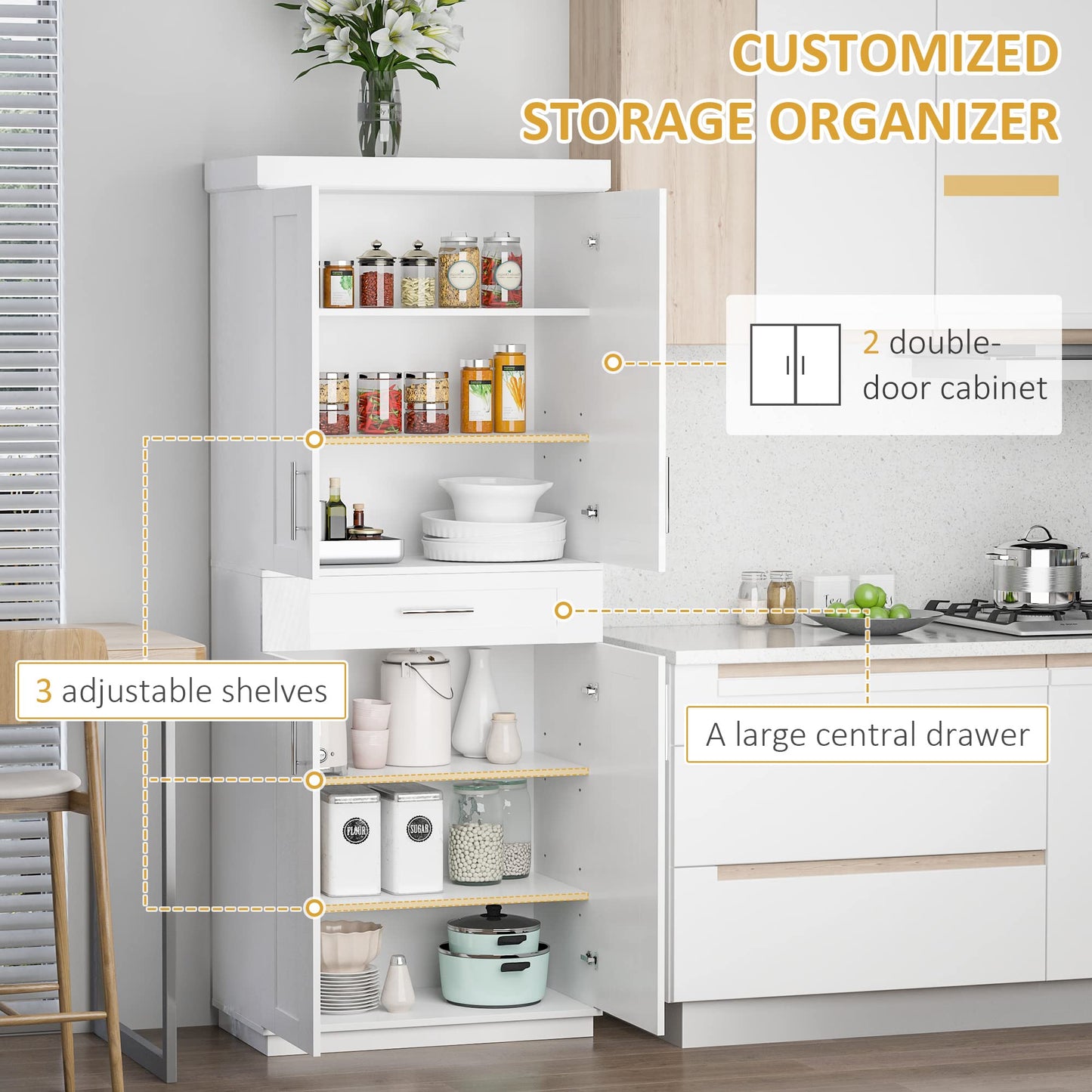 HOMCOM 72" Kitchen Pantry Cabinet, Freestanding Tall Storage Cabinet with 4 Doors, Drawer and 3 Adjustable Shelves for Dining Room, White