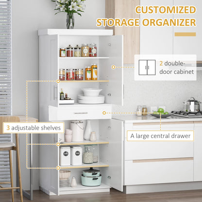 HOMCOM 72" Kitchen Pantry Cabinet, Freestanding Tall Storage Cabinet with 4 Doors, Drawer and 3 Adjustable Shelves for Dining Room, White