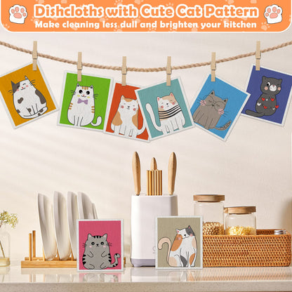 Lucomb Swedish Dish Cloths for Kitchen, 8 Pack Reusable Cleaning Cloth Absorbent Kitchen Towels No Odor Fast Drying for Home Wipes Dish Washing (Cute Cat)