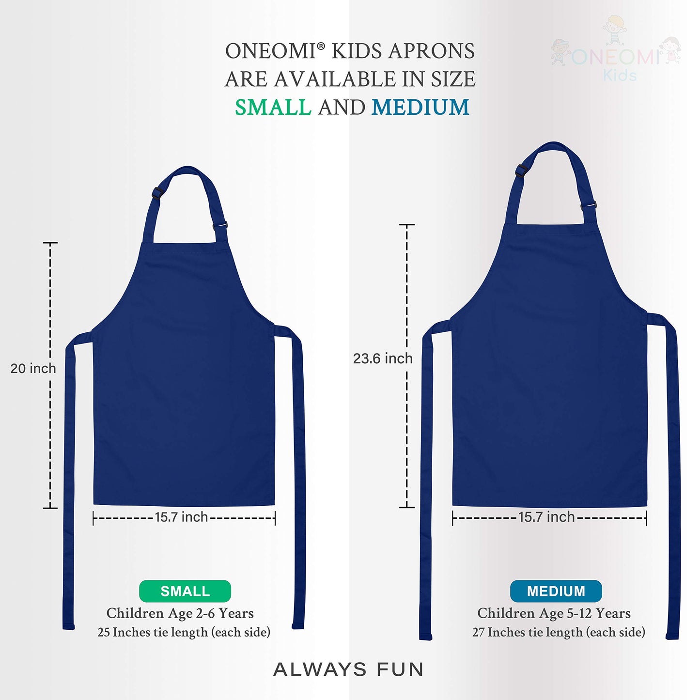 ONEOMI Kids Apron, Medium, 100% Cotton with an Adjustable Strap to fit All Ages, Ideal for Cooking, Baking, Painting, Decorating, Party, Chef, Art and Classroom Children Apron (1, Navy Blue)