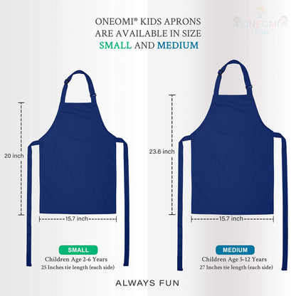ONEOMI Kids Apron, Medium, 100% Cotton with an Adjustable Strap to fit All Ages, Ideal for Cooking, Baking, Painting, Decorating, Party, Chef, Art and Classroom Children Apron (1, Navy Blue)