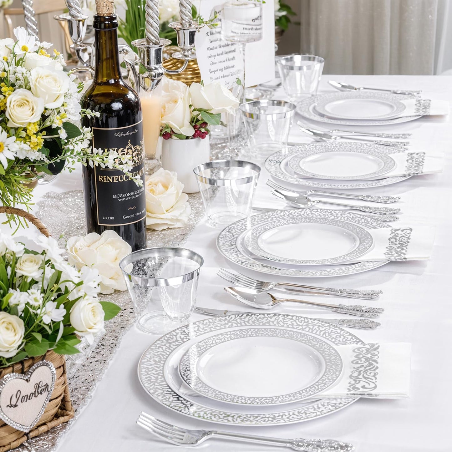 Festiva 350PCS Silver Plastic Dinnerware Set - Disposable Lace Silver Plates and Napkins Party Supplies - include plates,napkins,cups,silverware - Serve for 50 Guests Party&Wedding