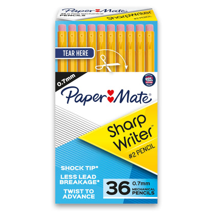 Paper Mate SharpWriter Mechanical Pencils | 0.7 mm #2 Pencil | Pencils for School Supplies, Yellow, 36 Count
