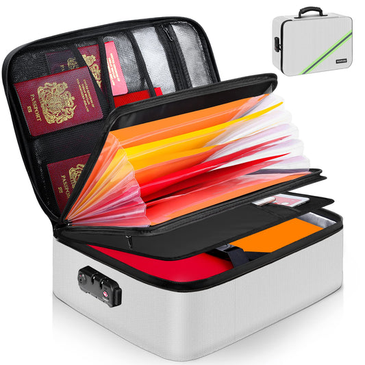 Noiposi Document Organizer with Lock,16.1"x11.4"x4.3" Waterproof and Fireproof Document Box,Portable Home Travel Safe Storage Box for Important Documents,File and Birth Certificate,Silver