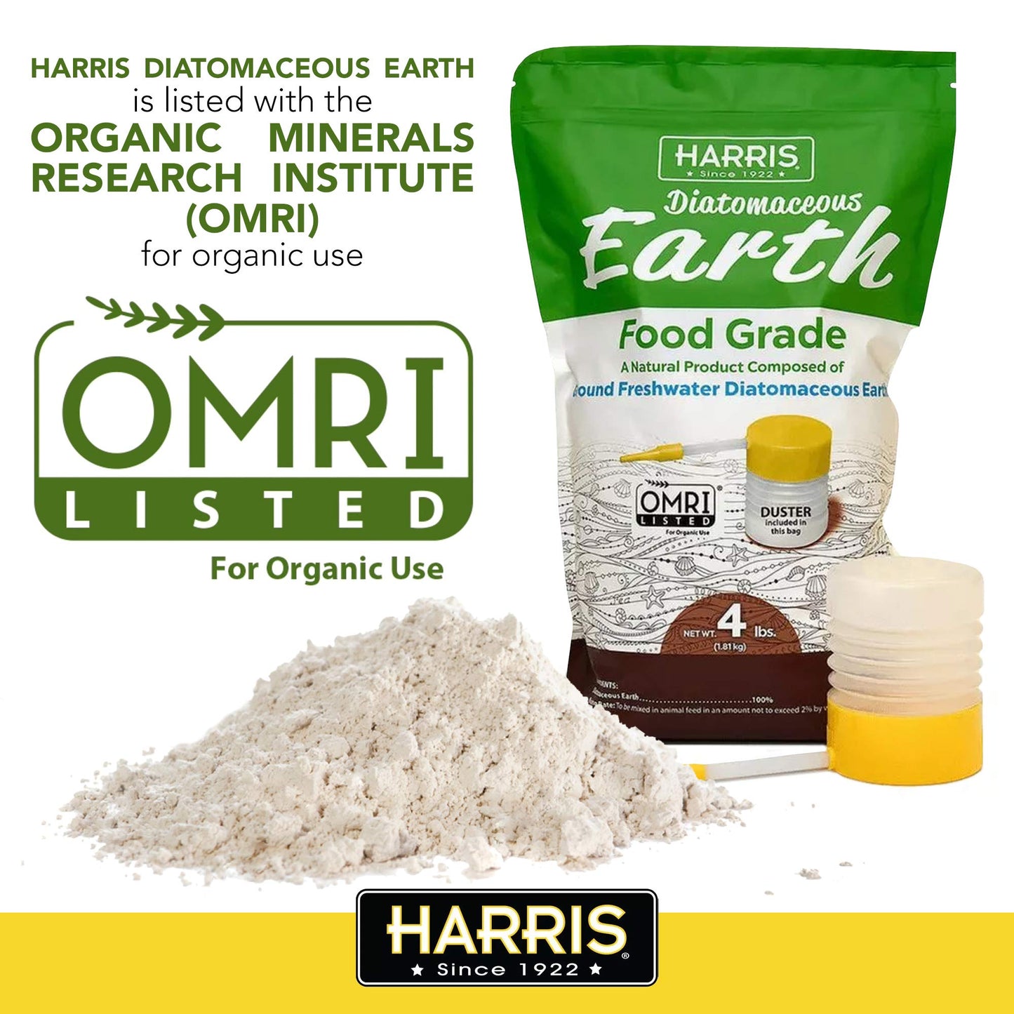 HARRIS Diatomaceous Earth Food Grade, 4lb with Powder Duster Included in The Bag