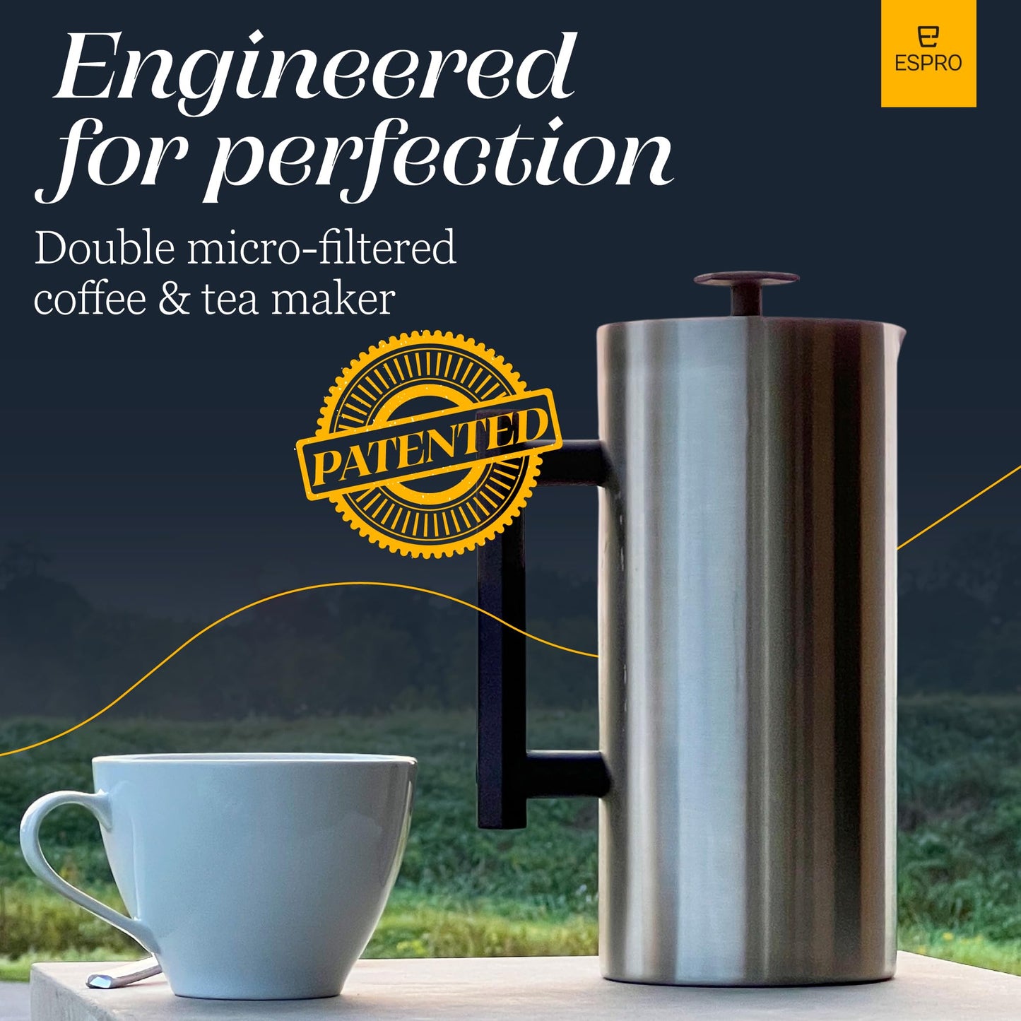 ESPRO P6 32 Ounces French Press Coffee Maker, Double Walled Stainless Steel Insulated, Brushed Stainless Steel