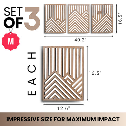 qmmp Modern Wooden Wall Sculptures - Set of 3 - MDF - Oak - Home Decor Accent - Large Wall Art for Living Room, Bedroom, Office - Easy Installation (Oak, Medium - Mountain and Sun, Unframed)