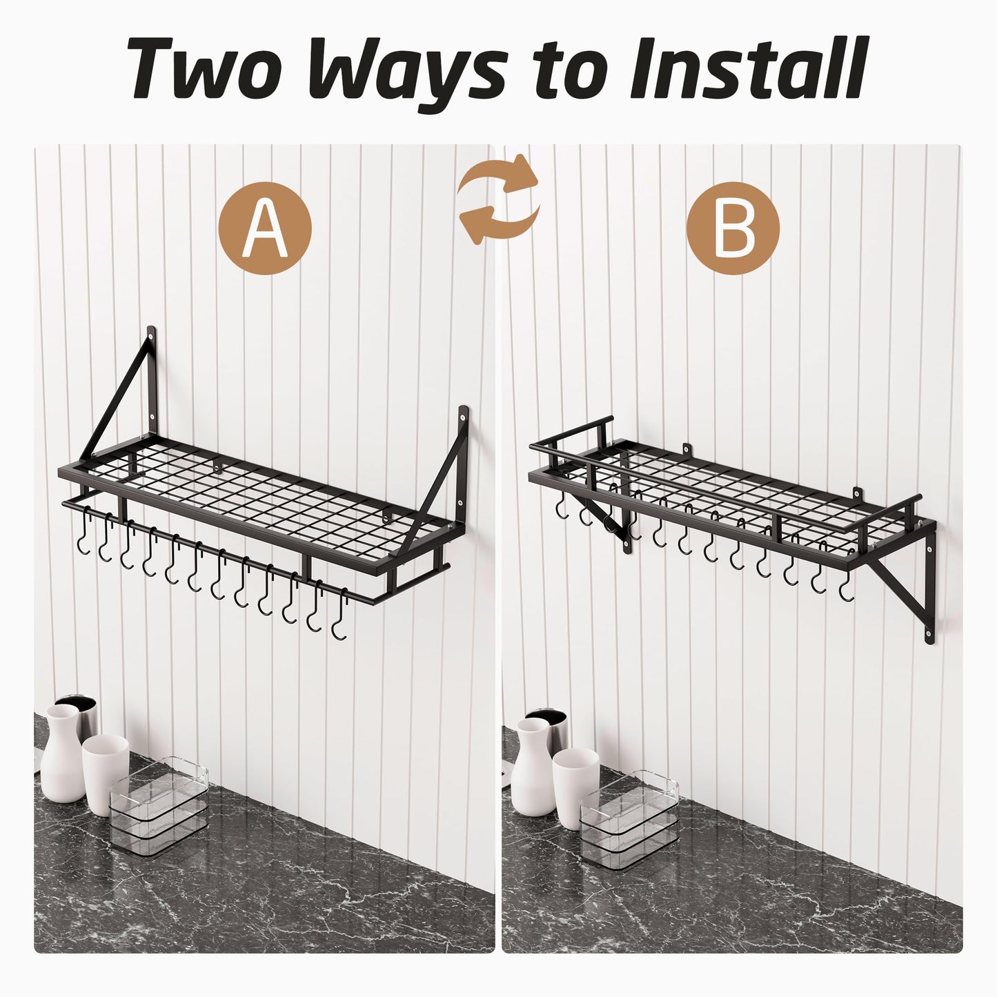 KES 30-Inch Kitchen Pan Pot Rack Wall Mounted Hanging Storage Organizer Wall Shelf with Hooks Matte Black, KUR215S75A-BK