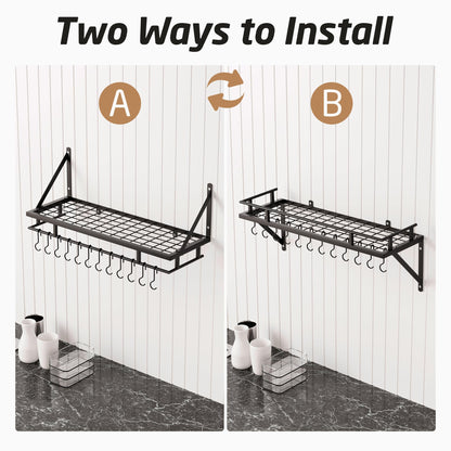 KES 30-Inch Kitchen Pan Pot Rack Wall Mounted Hanging Storage Organizer Wall Shelf with Hooks Matte Black, KUR215S75A-BK