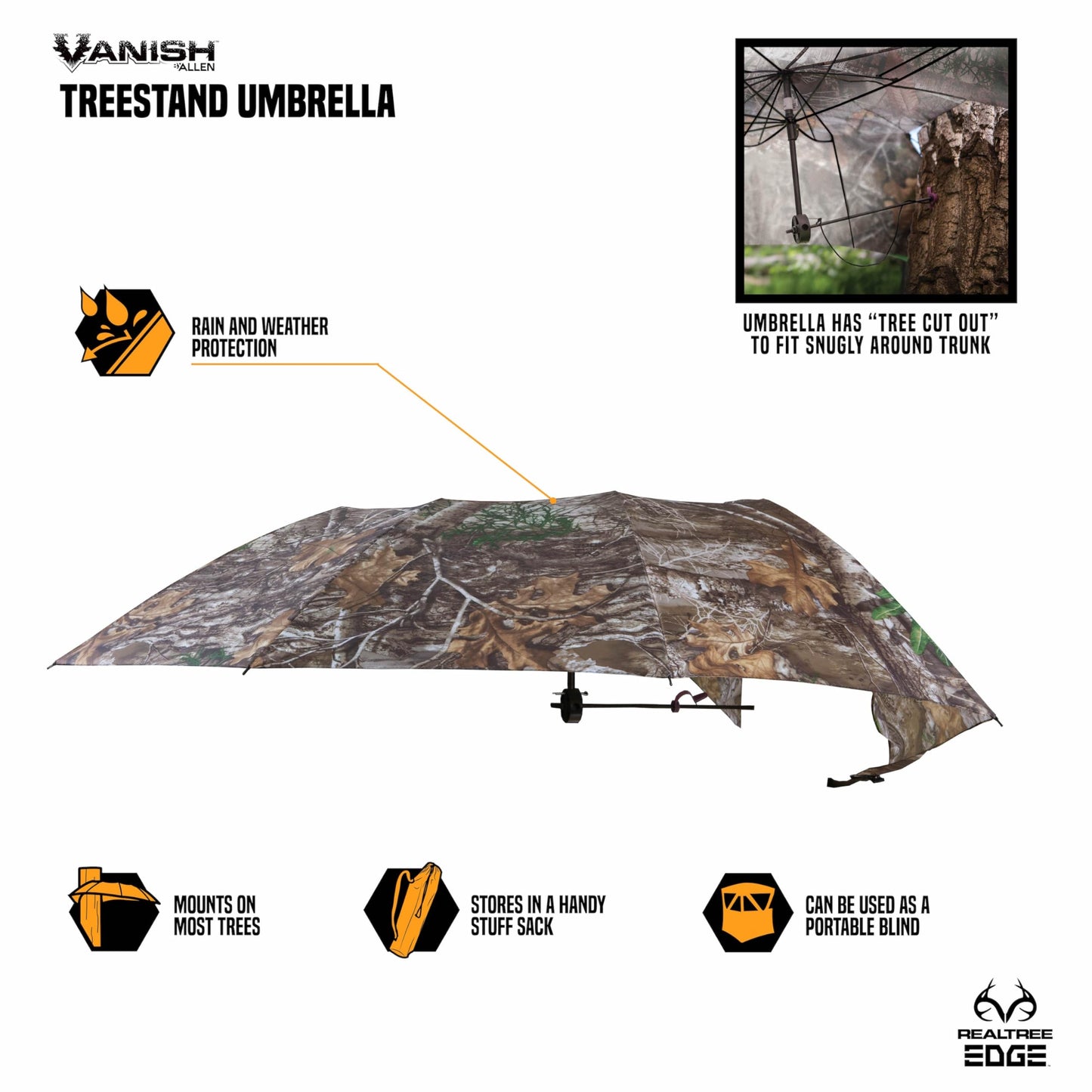 Allen Company Vanish Instant Roof Tree Stand Umbrella - Large Umbrella with Realtree Edge Camo - Durable and Portable Hunting Umbrella - Hunting Gear and Accessories - 57" W