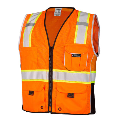 Kishigo Premium Black Series Heavy Duty Unisex Reflective Safety Vest 1514, ANSI Type R / Class 2 Compliant, 6 Pockets - Pencil & Radio Pockets, Reflective Silver Lining & Black Trim (Orange, XL)