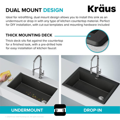 KRAUS Forteza 33-inch Drop In/Undermount Single Bowl Granite Kitchen Sink in Black, KGD-54BLACK