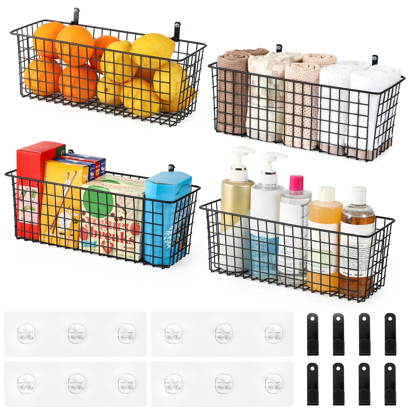 4 Set [EXTRA LARGE] Hanging Wall Mount Storage Baskets with Adhesive Hooks & Steel Hooks, Multiuse Sturdy Wire Metal Organizing Baskets for Home Kitchen Bathroom Pantry Utility Organizer, Black