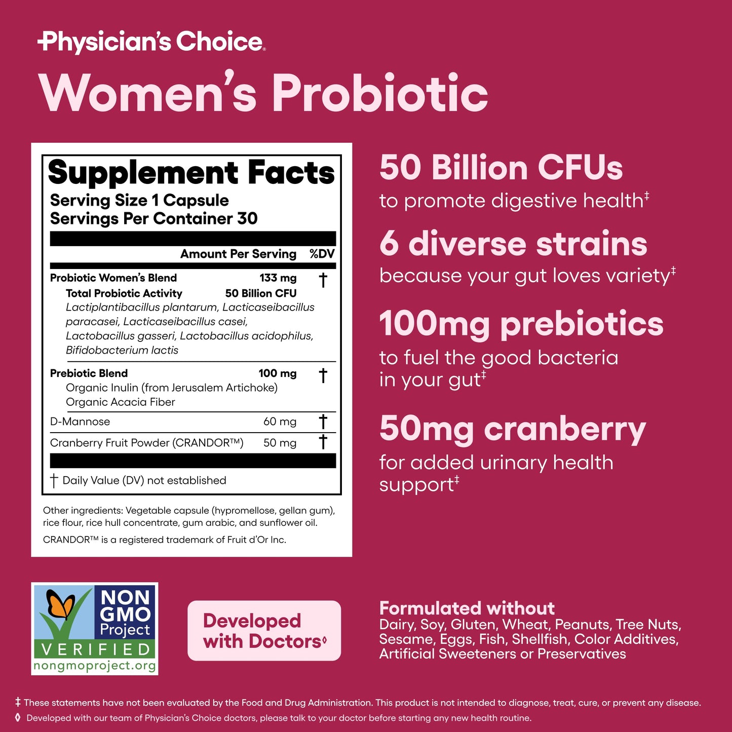 Physician's CHOICE Probiotics for Women - PH Balance, Digestive, UT, & Feminine Health - 50 Billion CFU - 6 Unique Strains for Her - Organic Prebiotics, Cranberry Extract+ - Women Probiotic - 30 CT