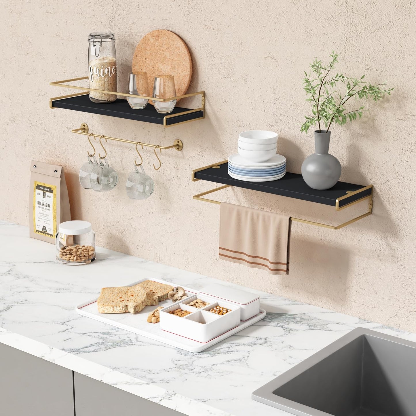 Forbena Black and Gold Floating Shelves for Wall, Bathroom Wall Shelves Over Toilet, Wood Hanging Shelves Wall Mounted for Kitchen Coffee Bar (Black and Gold)