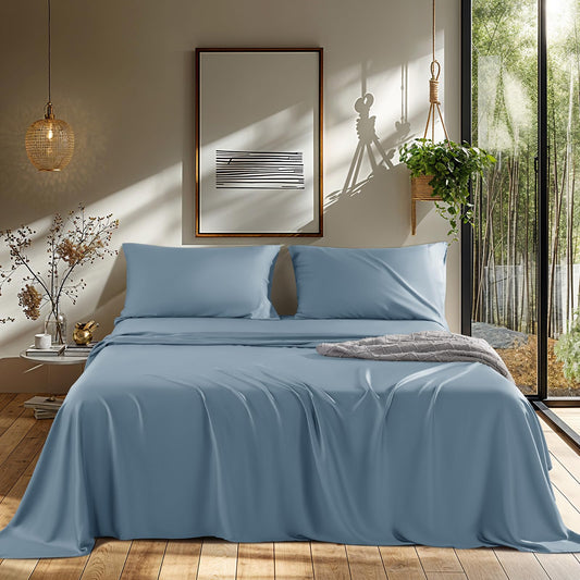 LBRO2M Cooling Bed Sheet 100% Viscose Derived from Bamboo Sheet Set 4 Piece King Size,Fit Up to 16" Deep Mattress, 1800 TC Sheet Super Soft Silky,Breathable Cool Bedding (King Dusty Blue)
