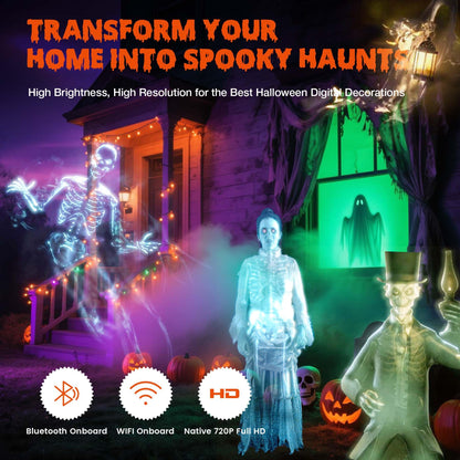 AAXA HP Halloween Projector (2025 Upgraded) for Haunted Windows, Auto-Start, Holographic Projections, Short Throw, HD 1080P, Portable Projector with 8 Pre-Loaded Hologram Movies, Built-in Speaker