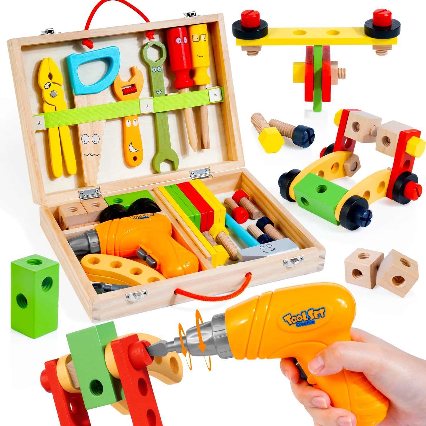 KIDWILL Kids Tool Set with Electric Drill & DIY Stickers, Toddler Tool Set for Kids Ages 3-5 Year Old Boys Girls, Pretend Play STEM Montessori Educational Construction Toys