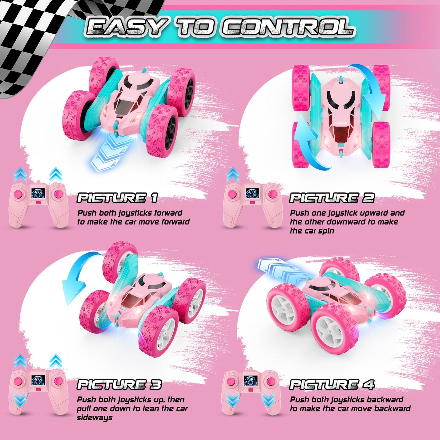 Pink Remote Control Car for Girls - RC Stunt Cars with 4WD Double-Sided Driving 360° Flips Rotating, Off Road Remote Car Outdoor Toys for Kids Age 6 7 8-12, Christmas Birthday Gifts