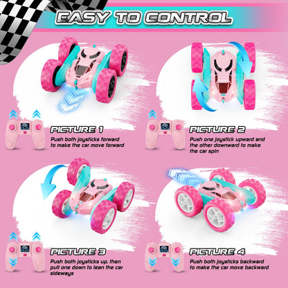 Pink Remote Control Car for Girls - RC Stunt Cars with 4WD Double-Sided Driving 360° Flips Rotating, Off Road Remote Car Outdoor Toys for Kids Age 6 7 8-12, Christmas Birthday Gifts