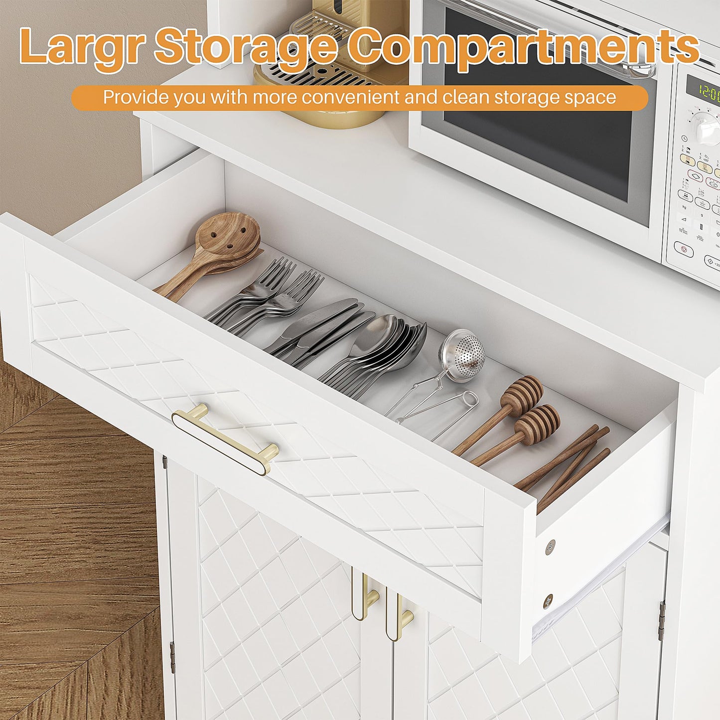 kepptory 66" Kitchen Pantry Cabinet with Microwave Shelf, Pantry Storage Cabinet with Adjustable Shelves and Drawer, Kitchen Buffet Cupboards Sideboard for Home Office Use (16" D x 24" W x 66" H)