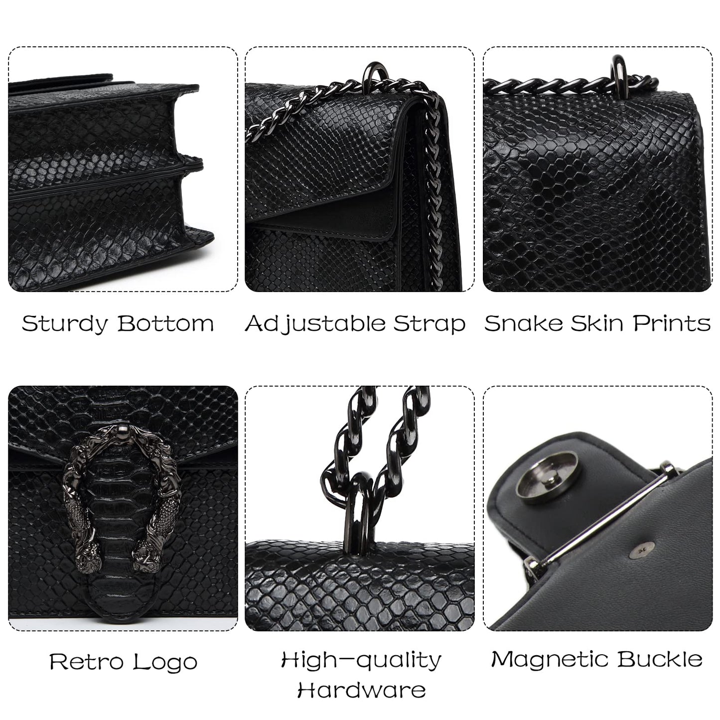 MYHOZEE Crossbody Bags for Women - Snake Printed Clutch Purses Leather Shoulder Bags Chain Strap Evening Handbags Black