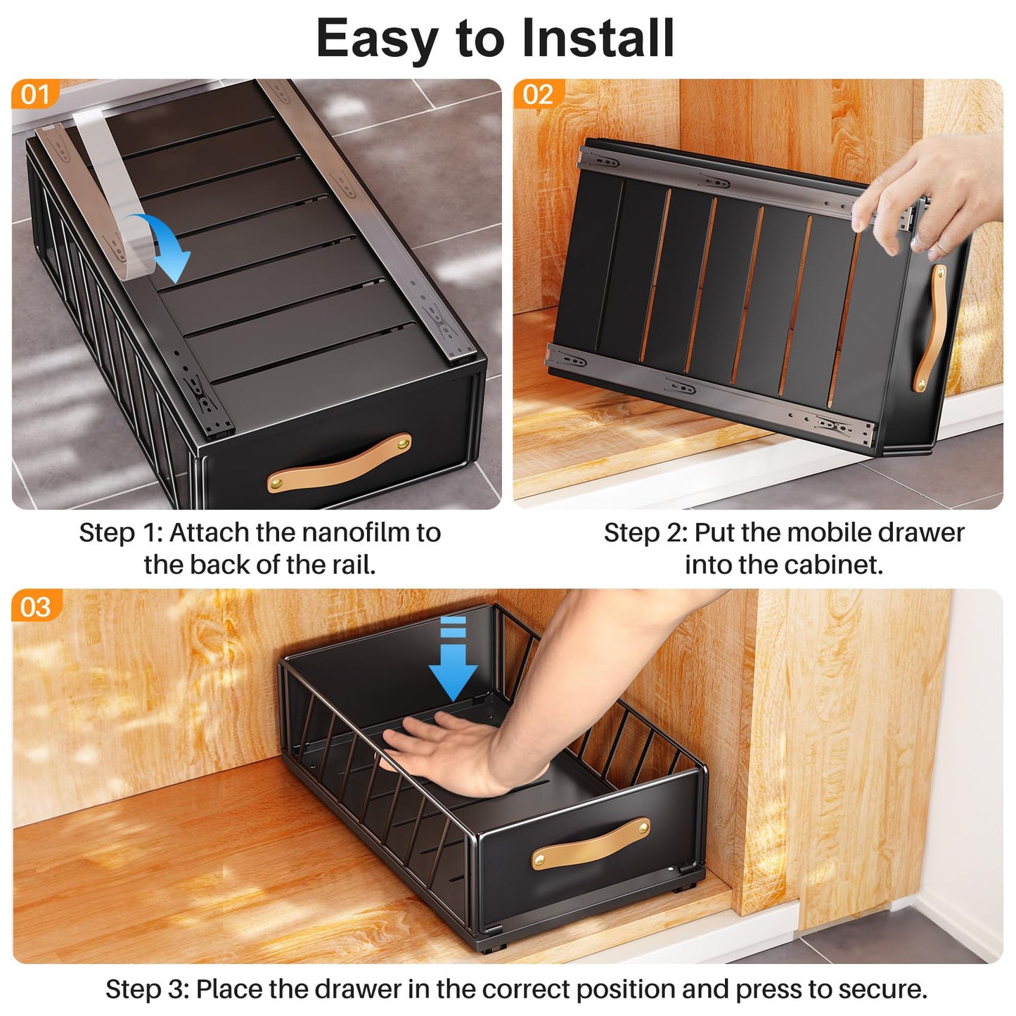 Pull out Cabinet Organizer Fixed with Adhesive Nano Film,Heavy Duty Slide out Pantry Shelves Drawer Storage,Sliding Mesh Cabinet Basket with Handle for Kitchen, Bathroom,Home, 11.8"W X15.7"D X6.2"H