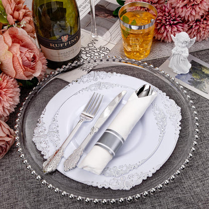 Hioasis 210pcs White and Silver Plastic Plates - Elegant Disposable Dinnerware Set Suitable for 30 Guests Include 10.25 Dinner & 7.5 Dessert Plates, Pre Rolled Silverware Set, Cups for Party & Wedding