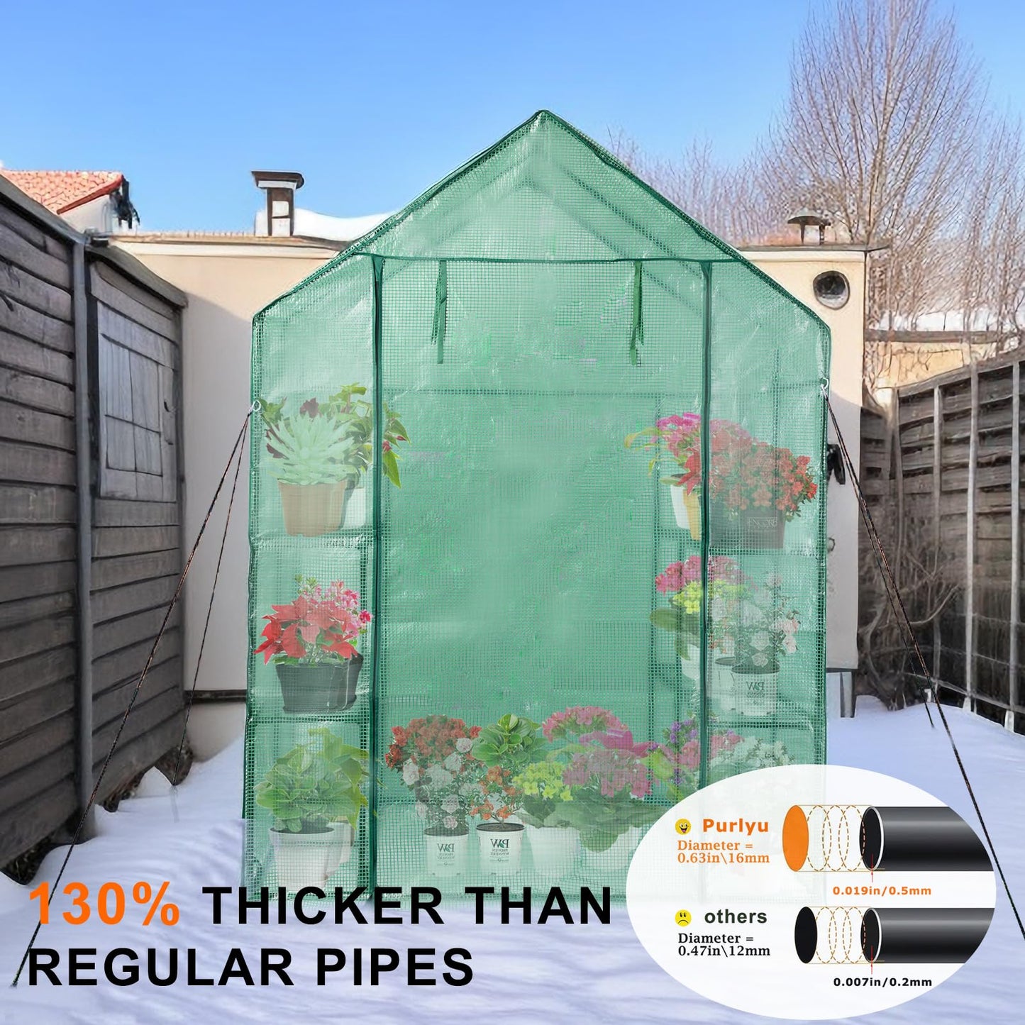Purlyu Walk-in Greenhouse for Outdoors, Thickened PE Cover & Heavy Duty Powder-Coated Steel, Mesh Door & Screen Windows, 14 Sturdy Shelves 4.7x4.7x6.4 FT, (GHW002G)