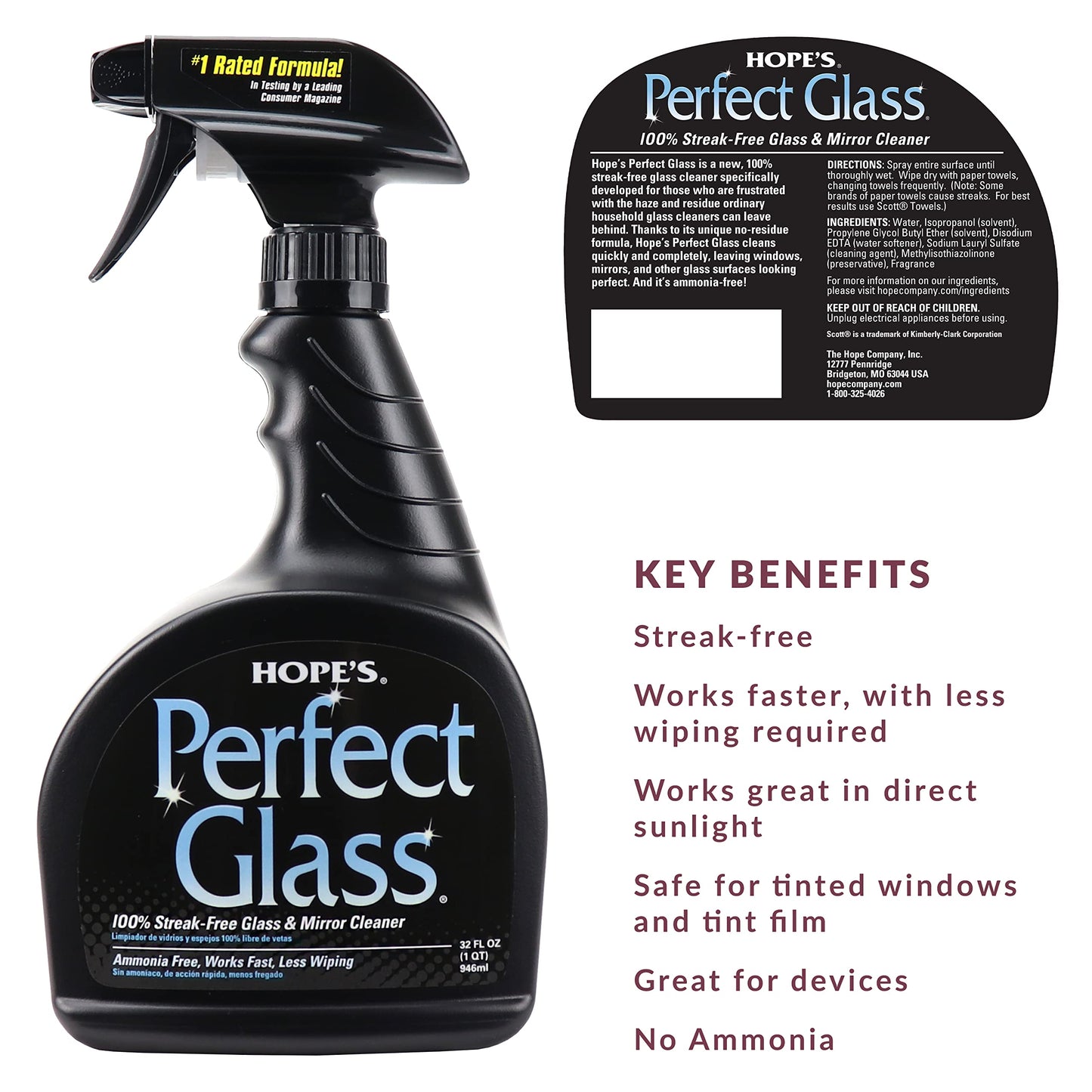 HOPE'S Perfect Glass Cleaner, Streak-Free, Ammonia-Free Window, Mirror, Screen, and Shower Door Cleaner, Indoor and Outdoor Glass Surfaces, 32 Fl Oz Spray Bottle and 67.6 Fl Oz Refill, Pack of 1
