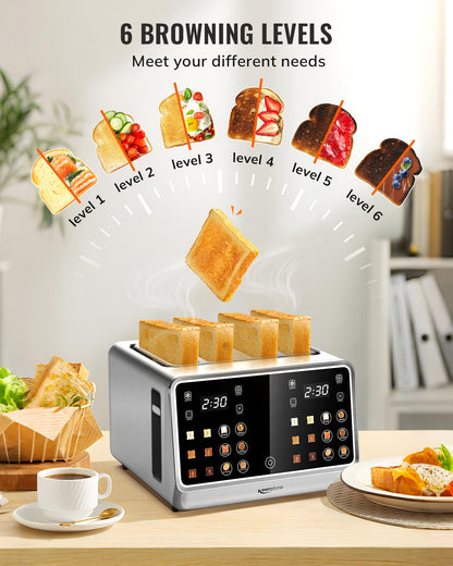 Keenstone Toaster 4 Slice, Digital Smart Toaster with TouchScreen, Dual Control Panel, Single Slot Toasting, Timer, Reheat & Defrost for Bagels, Bread, Waffles, Stainless Steel Kitchen Essentials