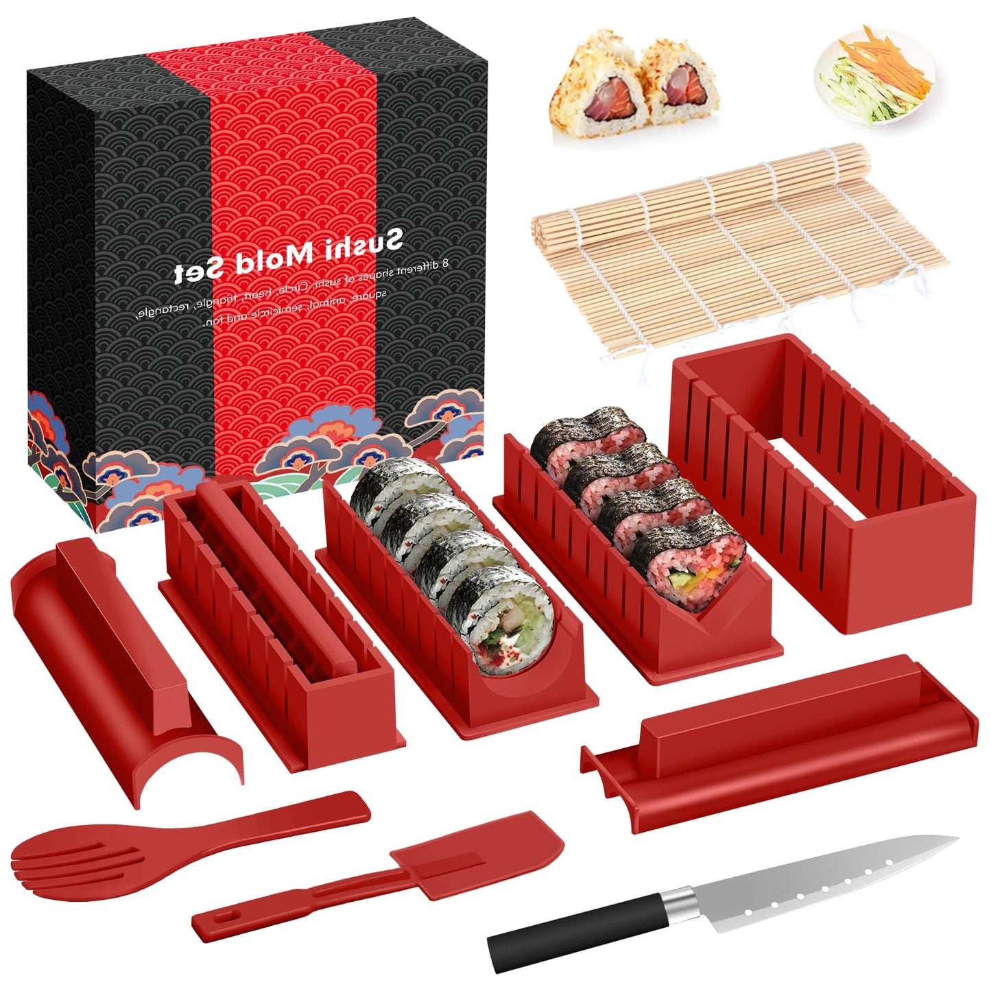 HI NINGER Sushi Making Kit Deluxe Edition Complete Sushi Maker Kit 12PCS Home Sushi Mold Press with Sushi Rice Roll Mold Shapes,Fork , Sushi Knife,Sushi Rolling Mat,Chopsticks