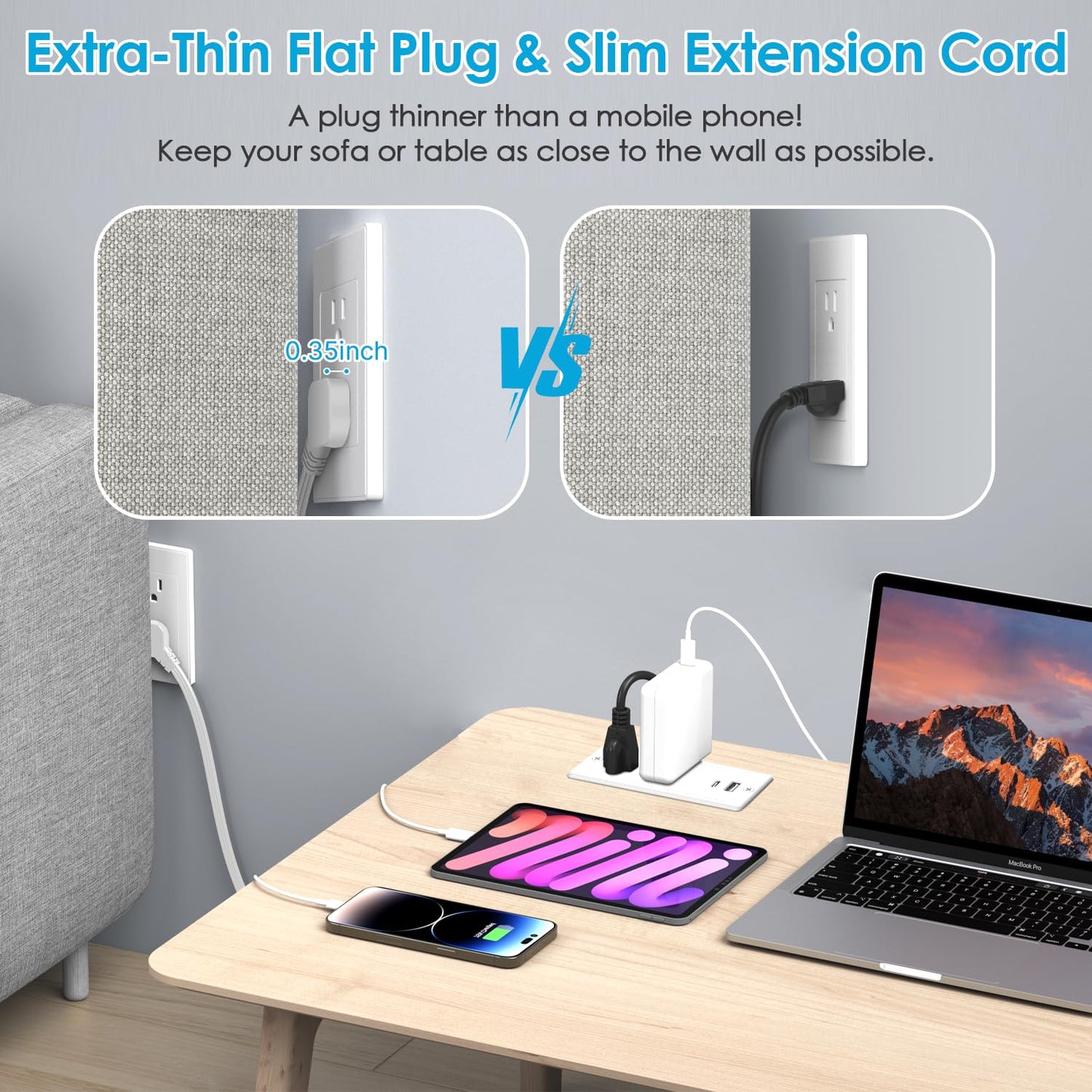 Recessed Power Strip USB C 20W,Flat Plug Ultra Thin Extension Cord,Furniture Desktop Charging Station for Side Table,End Table,Flush-Mount Desk Outlet Power Grommet,10ft Cord (White)