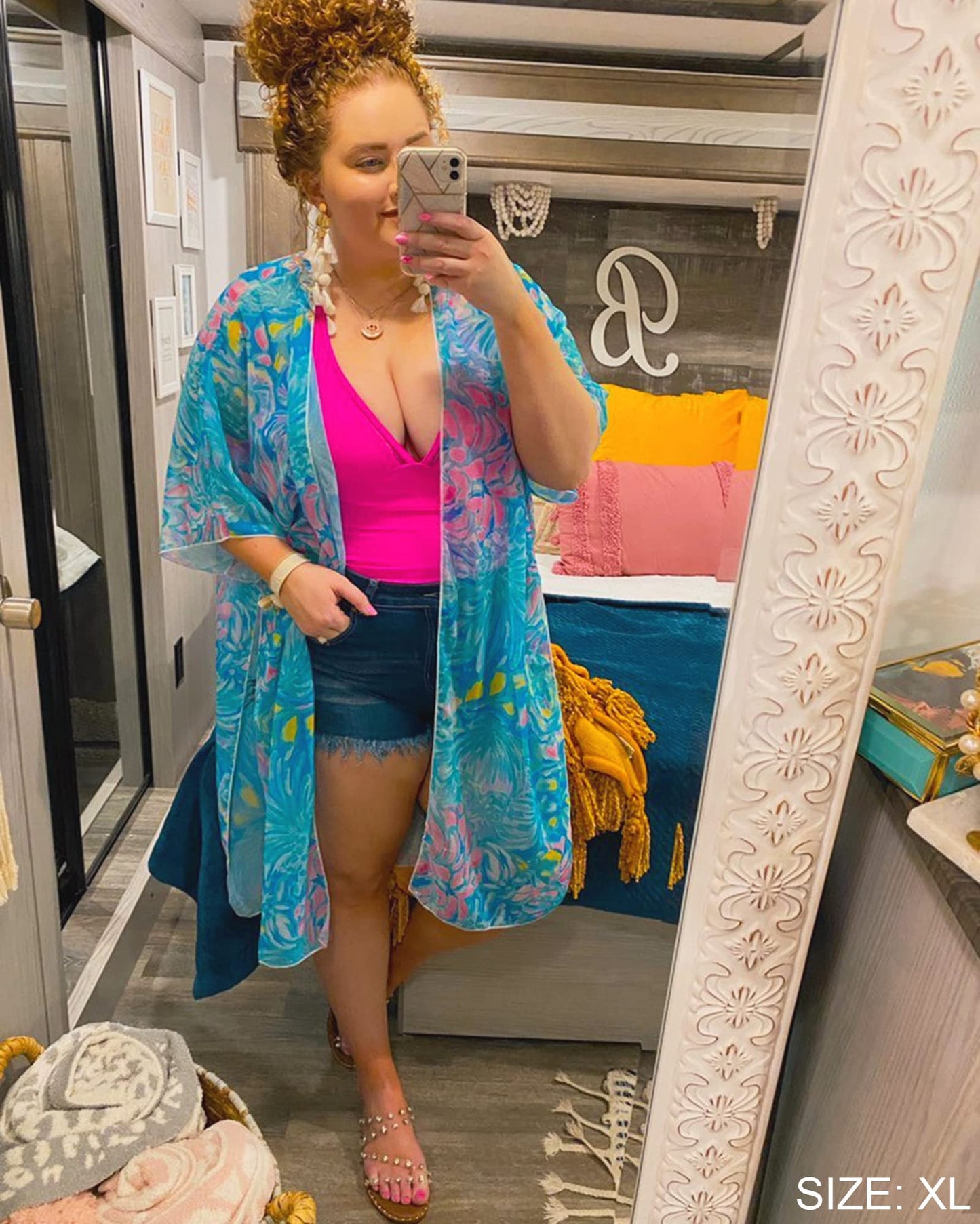 Hibluco Women's Long Floral Kimono Printed Cardigan Sheer Swimsuit Cover Ups