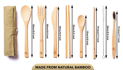 GREENZLA 2-Pack Bamboo Utensils Set - Bonus Pair of Bamboo Toothbrushes - Straw, Spoon, Fork, Knife, Teaspoon, Chopsticks, Brush & 2 Storage Bags - Reusable Cutlery Set