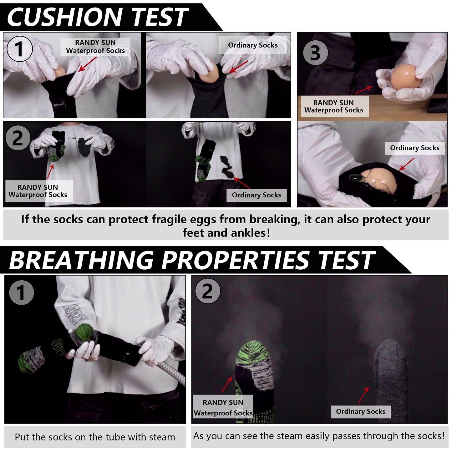 RANDY SUN Mens Waterproof Hiking Socks, Women's Skiing Camping Wading Trail Climbing Cycling Fishing Sports Windproof Business Crew Cushioned Socks, Black Grey M