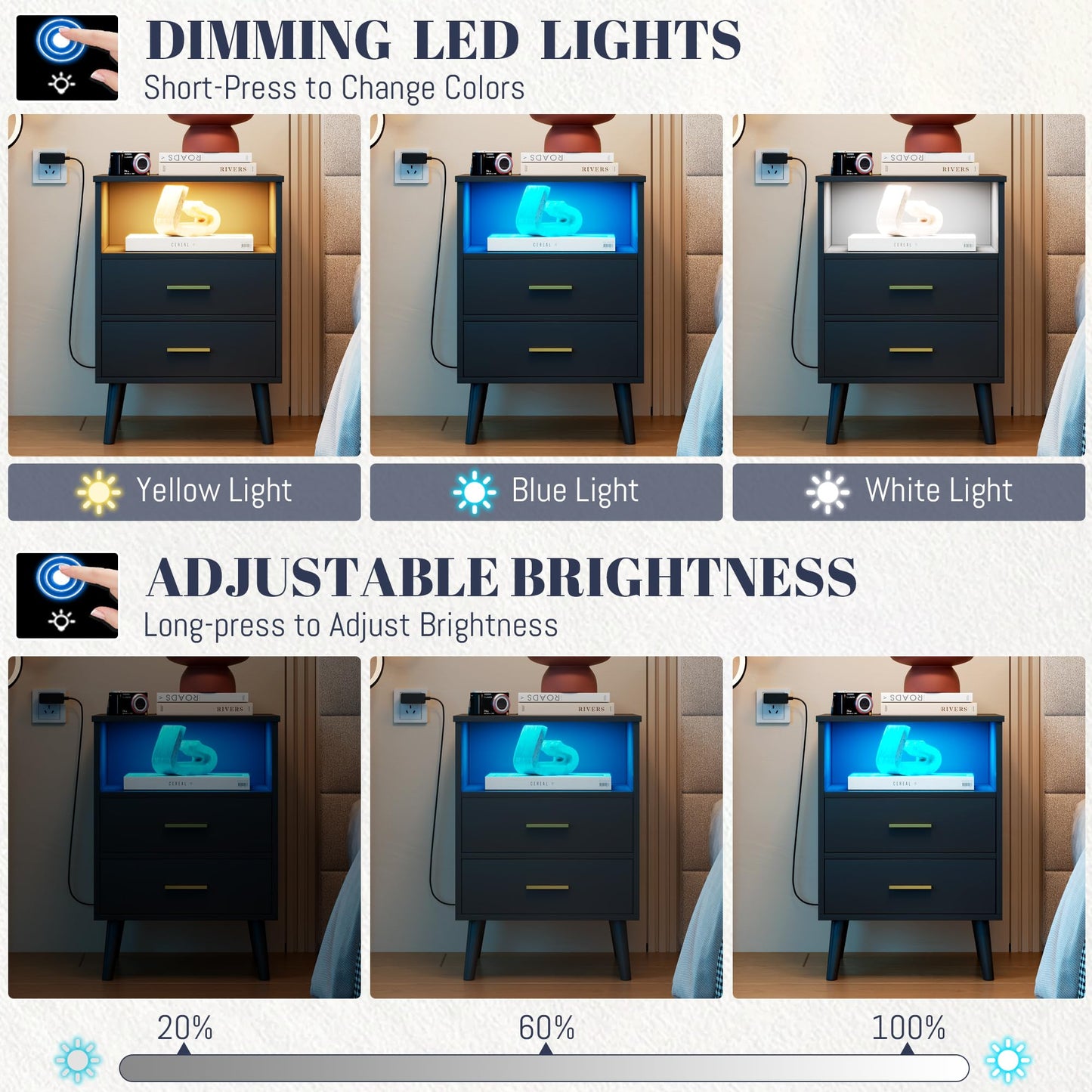 LVSOMT Black Nights Stand with Gun Drawer, Bedroom LED Nightstand with Charging Station, Bedside Table with Metal Legs, Wood Sofa Couch End Side Table