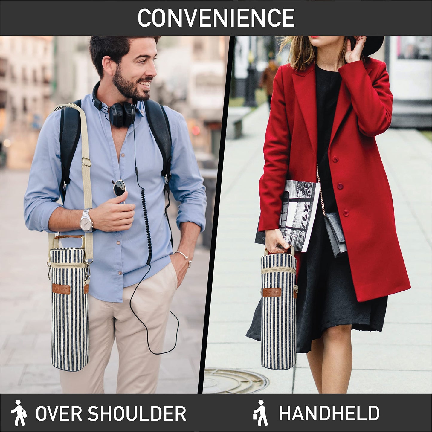 opux Wine Bag Single Bottle Carrier Tote, Insulated Wine Cooler Bag for Travel Picnic Beach with Shoulder Strap, Thermal One Bottle Holder Carrying Case Gift for Women Men, Navy White Stripes