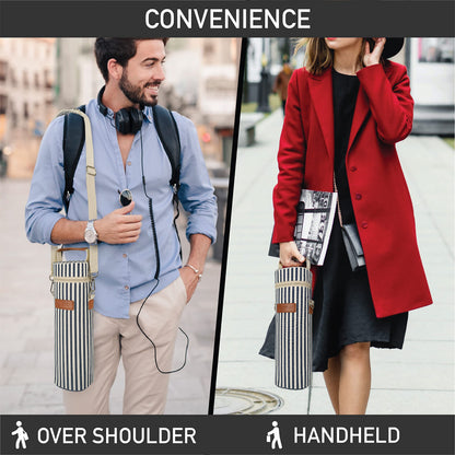 opux Wine Bag Single Bottle Carrier Tote, Insulated Wine Cooler Bag for Travel Picnic Beach with Shoulder Strap, Thermal One Bottle Holder Carrying Case Gift for Women Men, Navy White Stripes