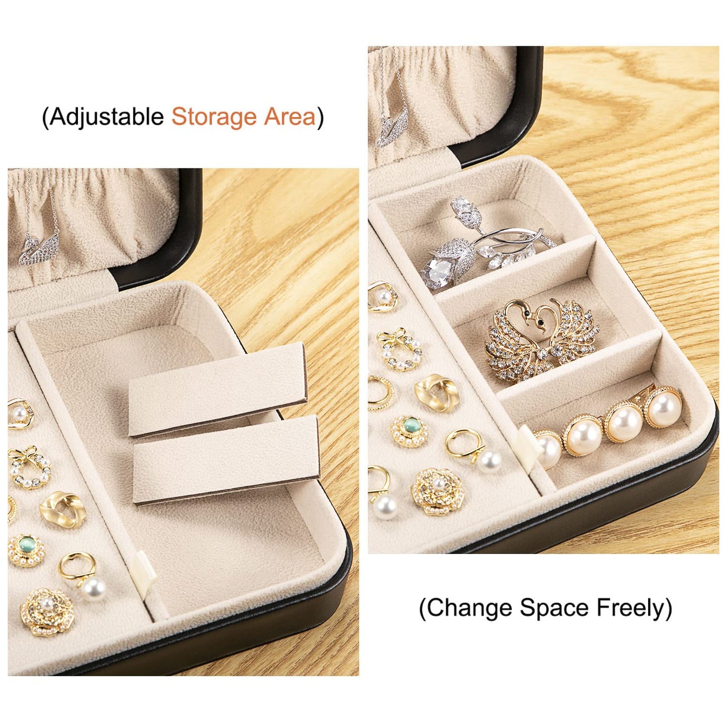 LANDICI Small Jewelry Box for Women Girls, PU Leather Travel Jewelry Case, Portable Jewelry Organizer Storage Holder Display for Ring Earrings Necklace Bracelet Bangle Men Kids Gift, Black