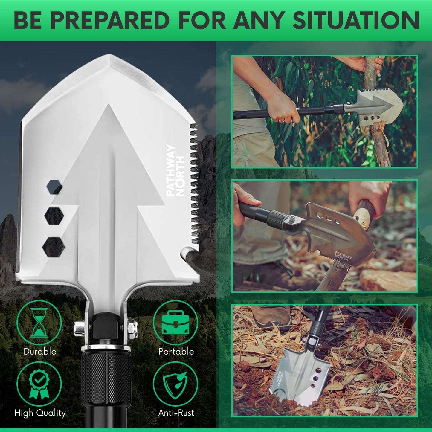 Pathway North Survival Shovel Stainless Steel Folding Multi-Tool Survival Flashlight – Equipment for Outdoor With Self Defense Hiking Stick Hunting Emergency Survival Kit For Backpacking, Camping Gear